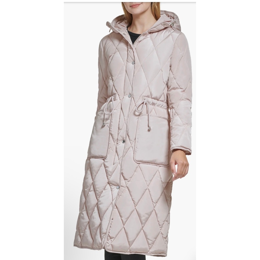 Kenneth Cole New York Quilted Diamond Puffer Parka Coat Long Hooded Beige M/M